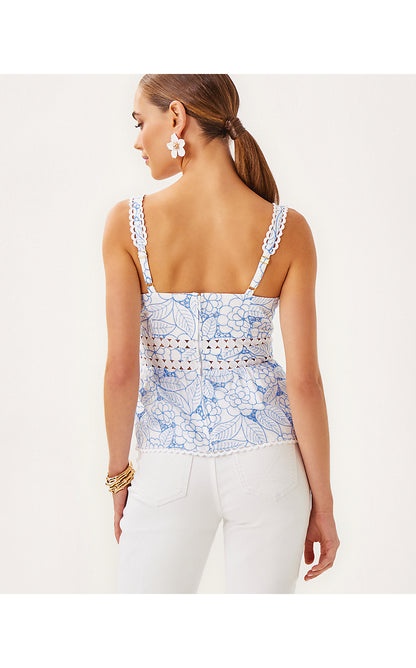 TIAH EYELET TOP, SUNWASHED BLUE SUNSHOWERS EMBROIDERY
