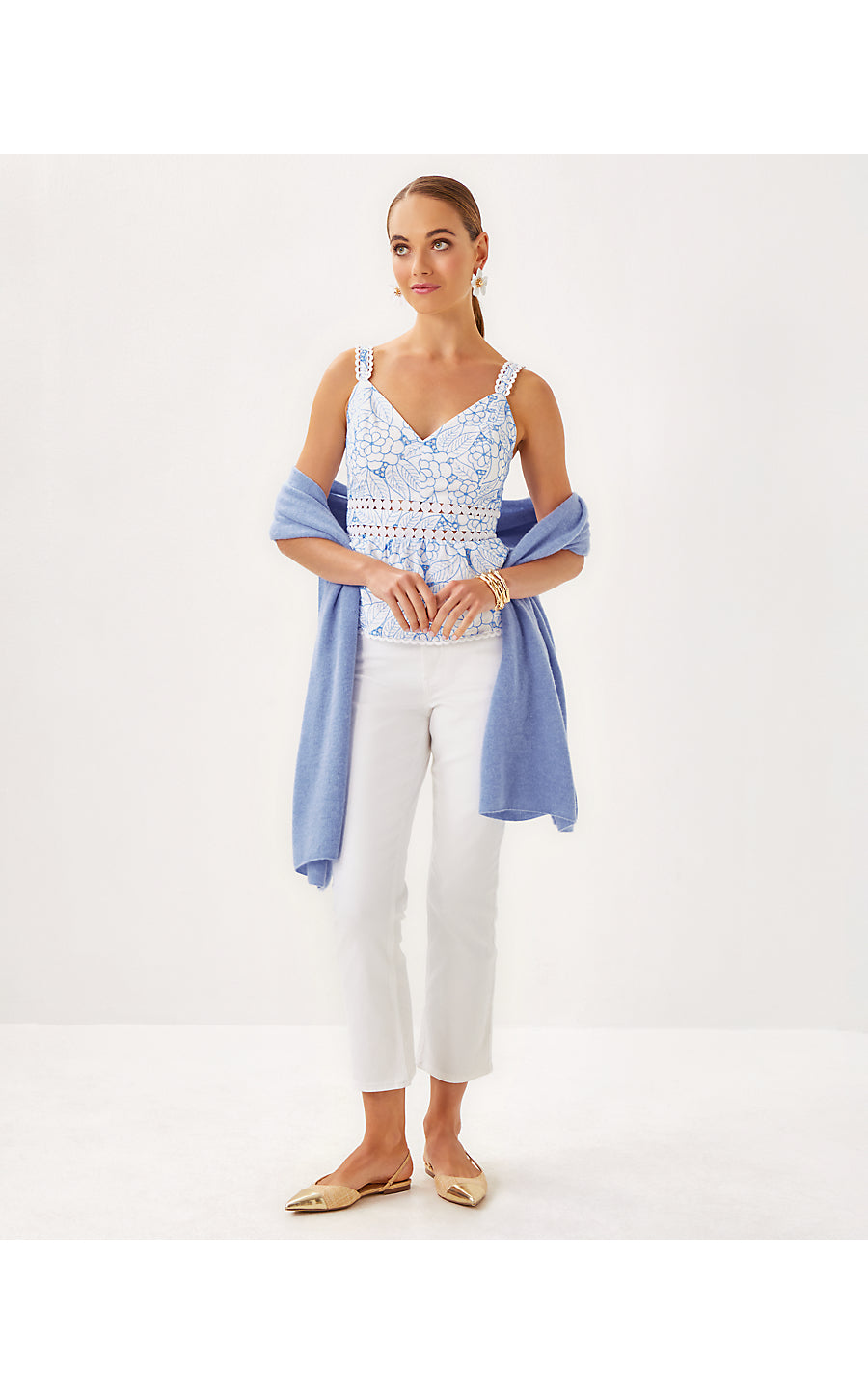 TIAH EYELET TOP, SUNWASHED BLUE SUNSHOWERS EMBROIDERY