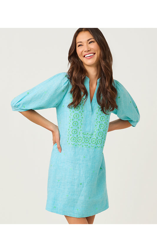 MIALEIGH ELBOW SLEEVE LINEN DRESS, CAPRI BLUE X RESORT WHITE