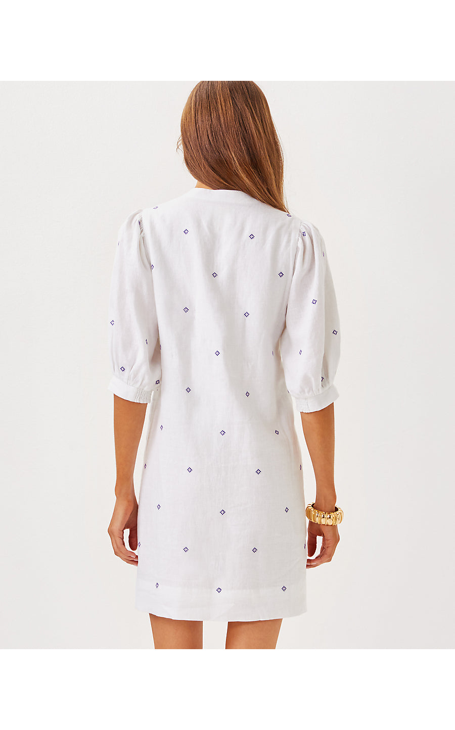MIALEIGH ELBOW SLEEVE LINEN DRESS, WATER HYACINTH GEO CRISS CROSS EMBROIDERY