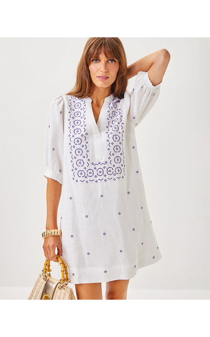 MIALEIGH ELBOW SLEEVE LINEN DRESS, WATER HYACINTH GEO CRISS CROSS EMBROIDERY