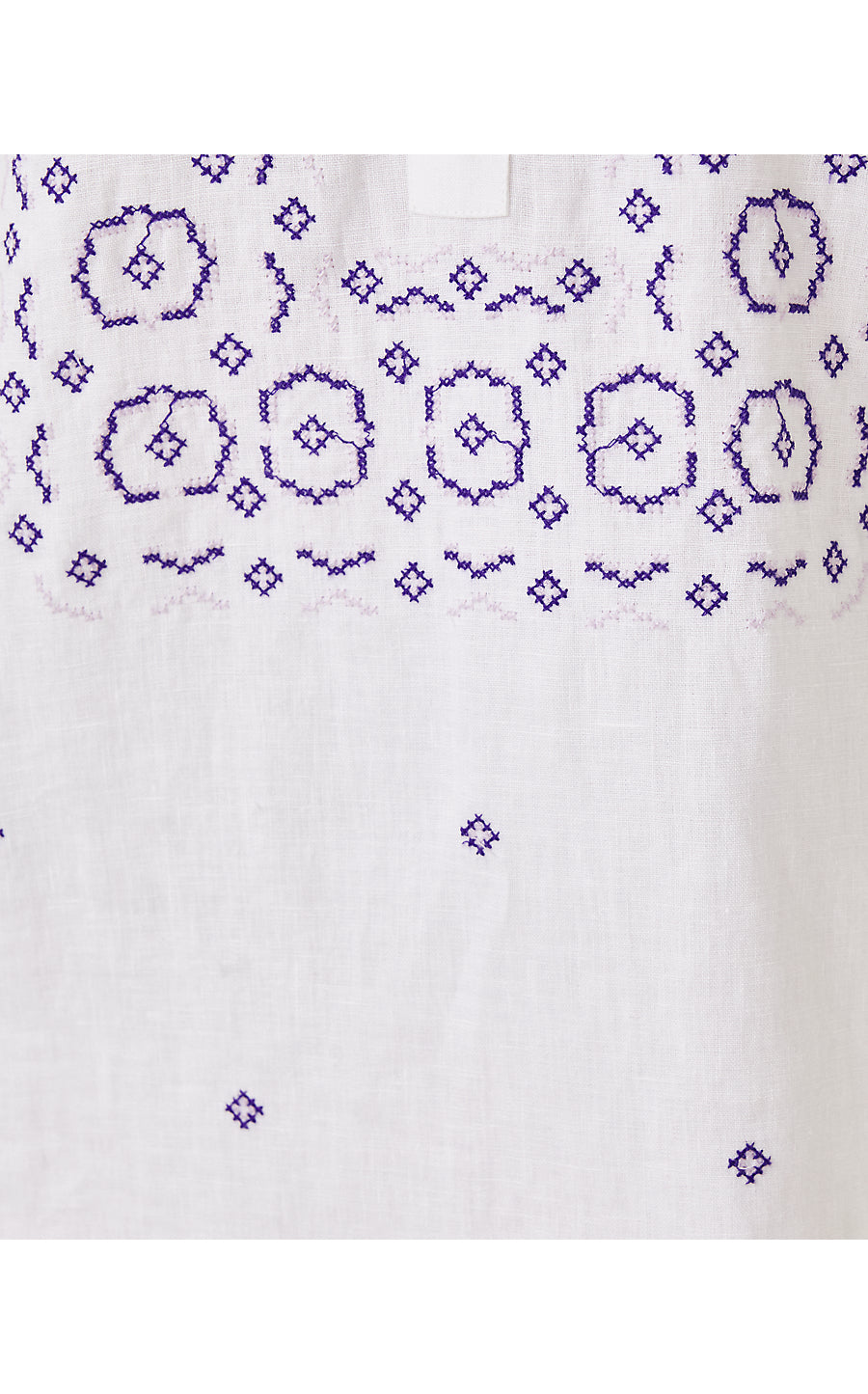 MIALEIGH ELBOW SLEEVE LINEN DRESS, WATER HYACINTH GEO CRISS CROSS EMBROIDERY