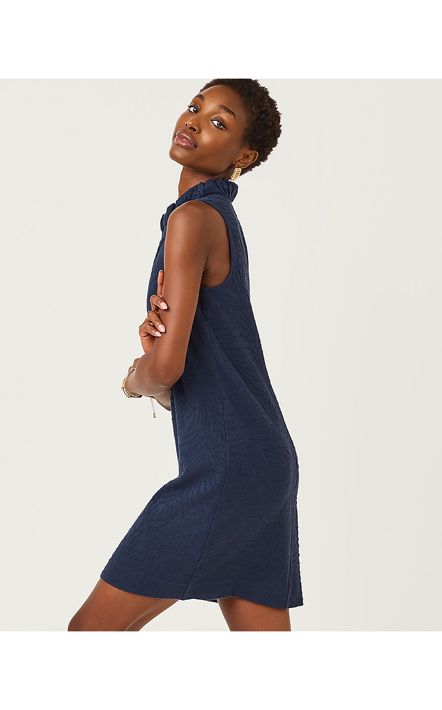 ELSEY SHIFT, LOW TIDE NAVY LEAFY KNIT PUCKER JACQUARD