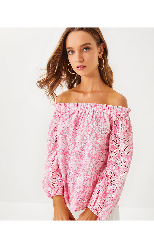 JAMIELYNN LONG SLEEVE OFF THE SHOULDER TOP, ROUSSEAU PINK TULIP TO TANGO