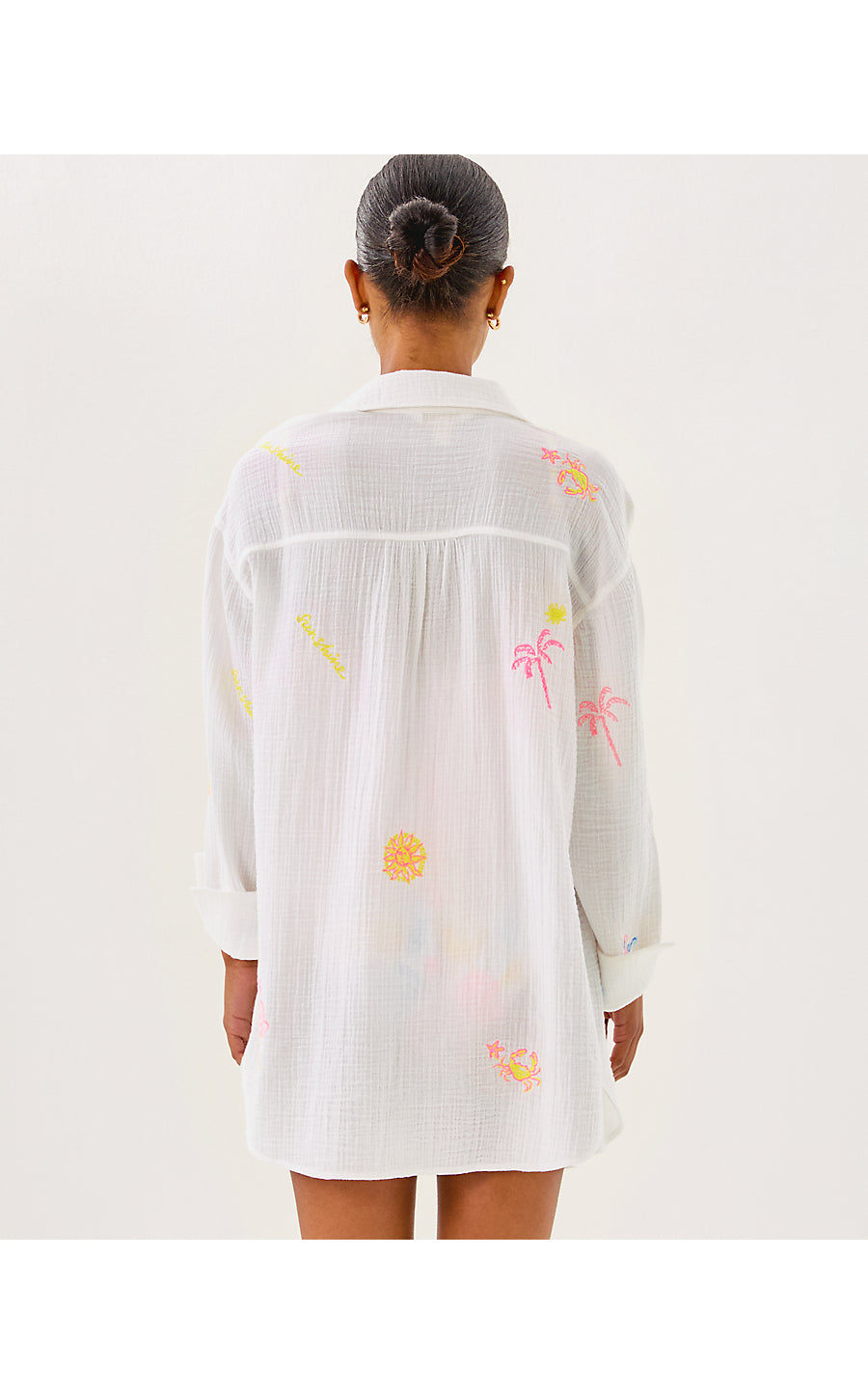KWITNEY EMBROIDERED LONG-SLEEVE COVERUP, RESORT WHITE BEACHCOMBER EMBROIDERY
