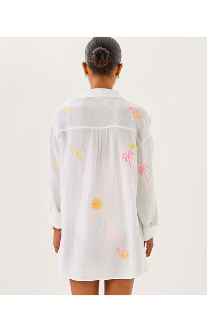 KWITNEY EMBROIDERED LONG-SLEEVE COVERUP, RESORT WHITE BEACHCOMBER EMBROIDERY