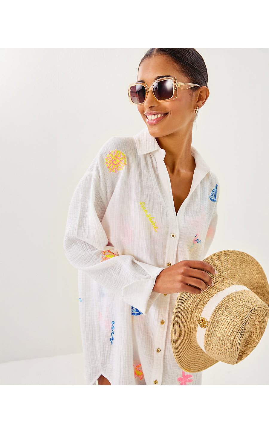 KWITNEY EMBROIDERED LONG-SLEEVE COVERUP, RESORT WHITE BEACHCOMBER EMBROIDERY