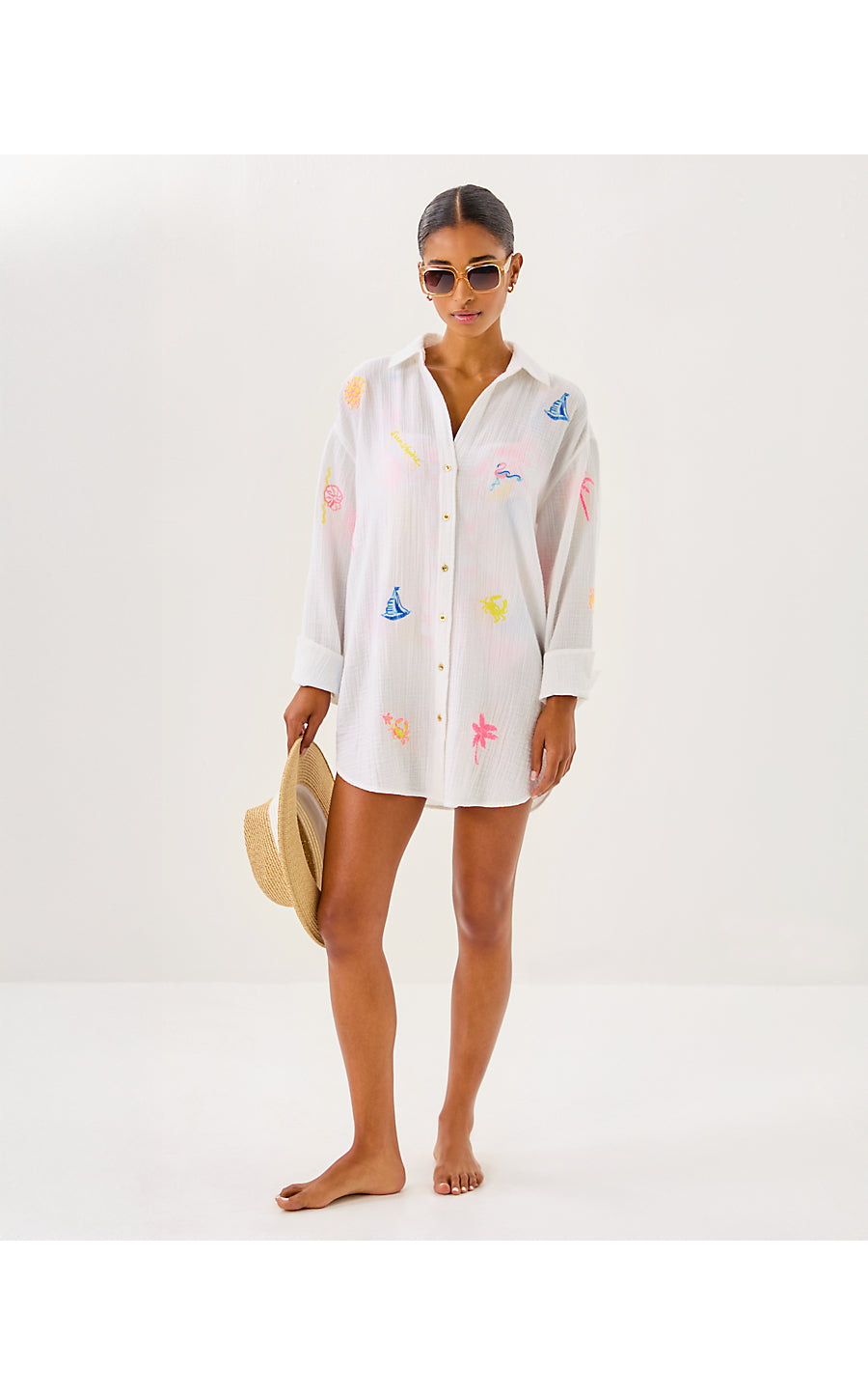 KWITNEY EMBROIDERED LONG-SLEEVE COVERUP, RESORT WHITE BEACHCOMBER EMBROIDERY