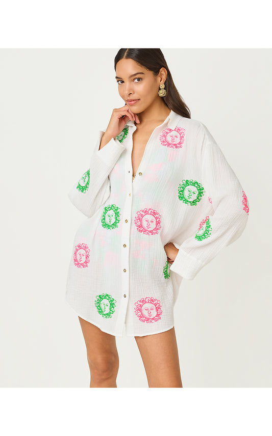 KWITNEY EMBROIDERED LONG SLEEVE COVER UP, RESORT WHITE FLEUR DE LILLY EMBROIDERED COVERUP
