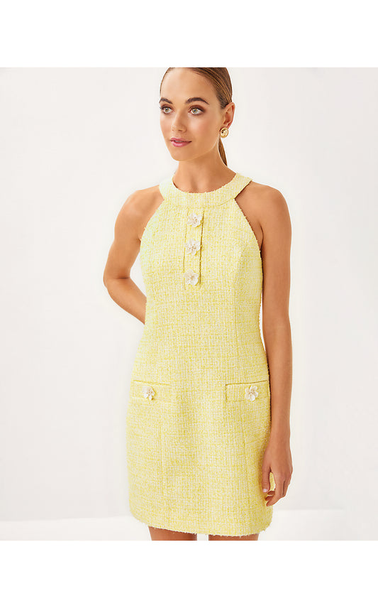 MARGARETE SKIRTED ROMPER, FINCH YELLOW CHIC CHICK BOUCLE