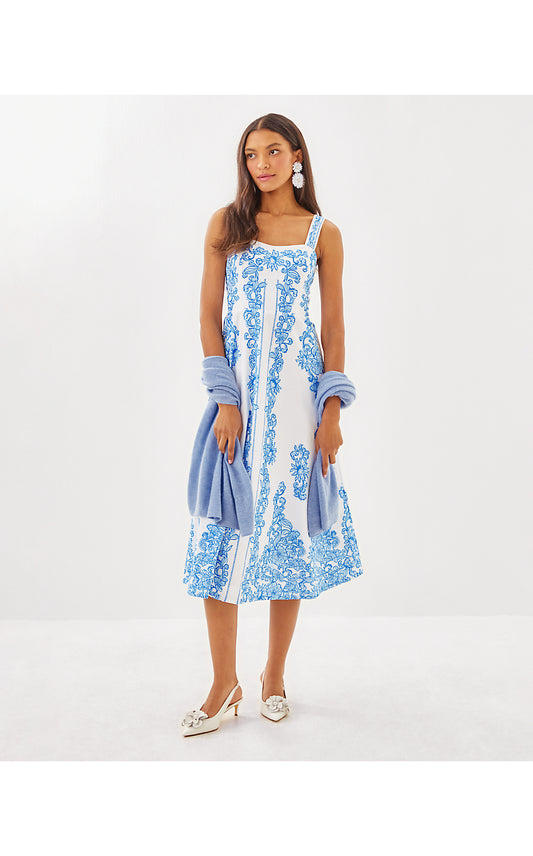 MAELLA MIDI DRESS, RESORT WHITE SUNNY SIDE UP ENGINEERED WOVEN DRESS