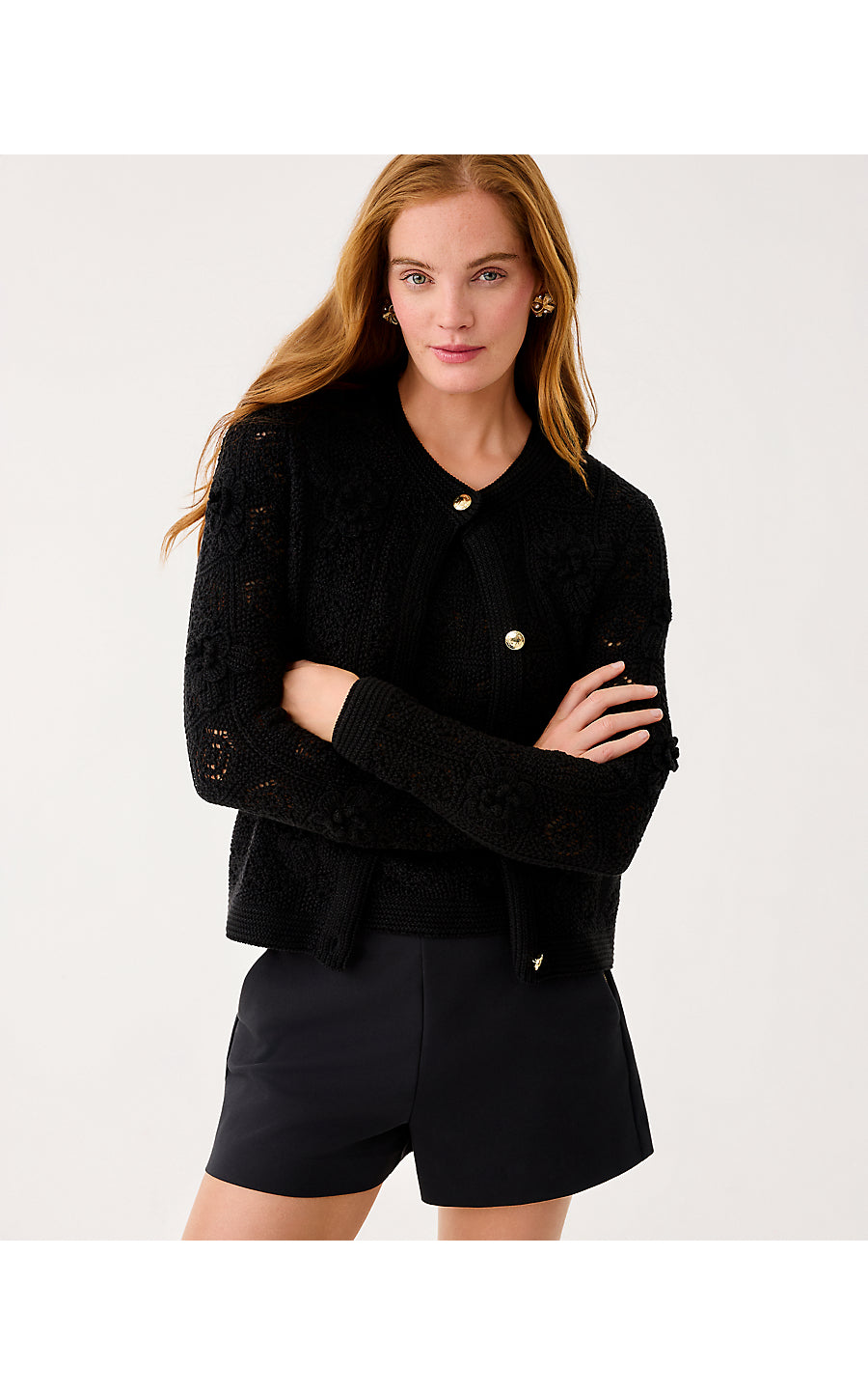 LENALIE CARDIGAN, BLACK METALLIC GARDEN CROCHET