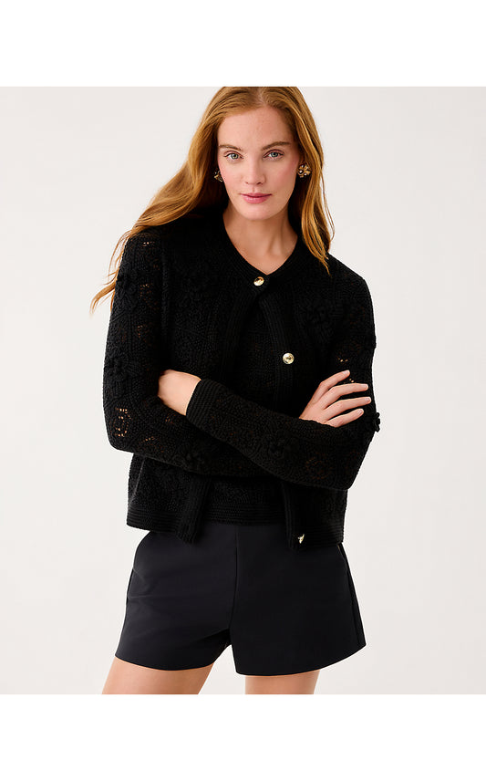 LENALIE CARDIGAN, BLACK METALLIC GARDEN CROCHET