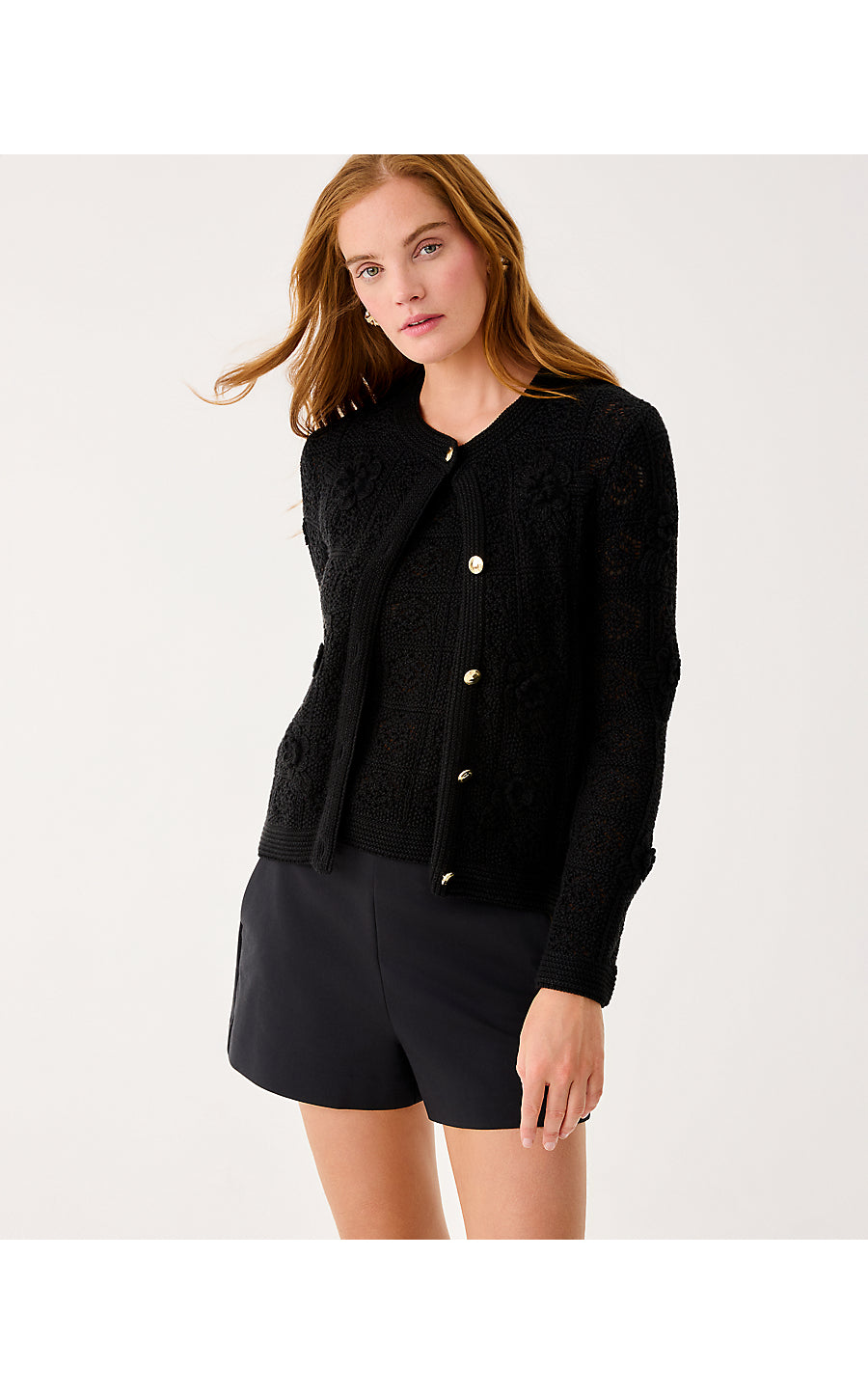 LENALIE CARDIGAN, BLACK METALLIC GARDEN CROCHET