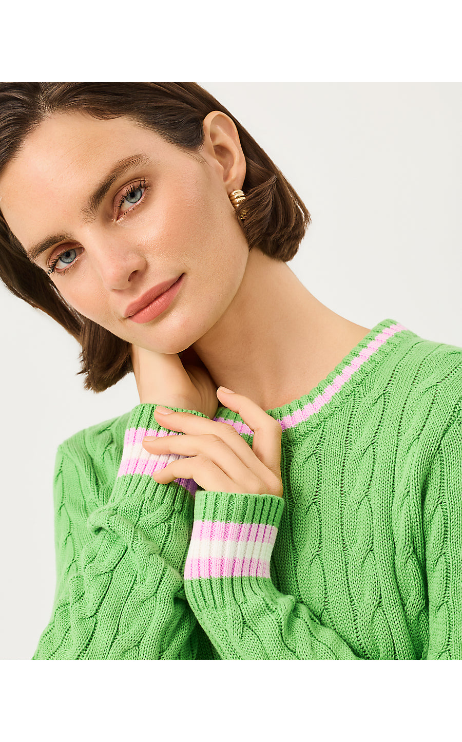 BROCKTON CREW NECK SWEATER, CHATEAU GREEN X OLEANDER PINK TIPPING