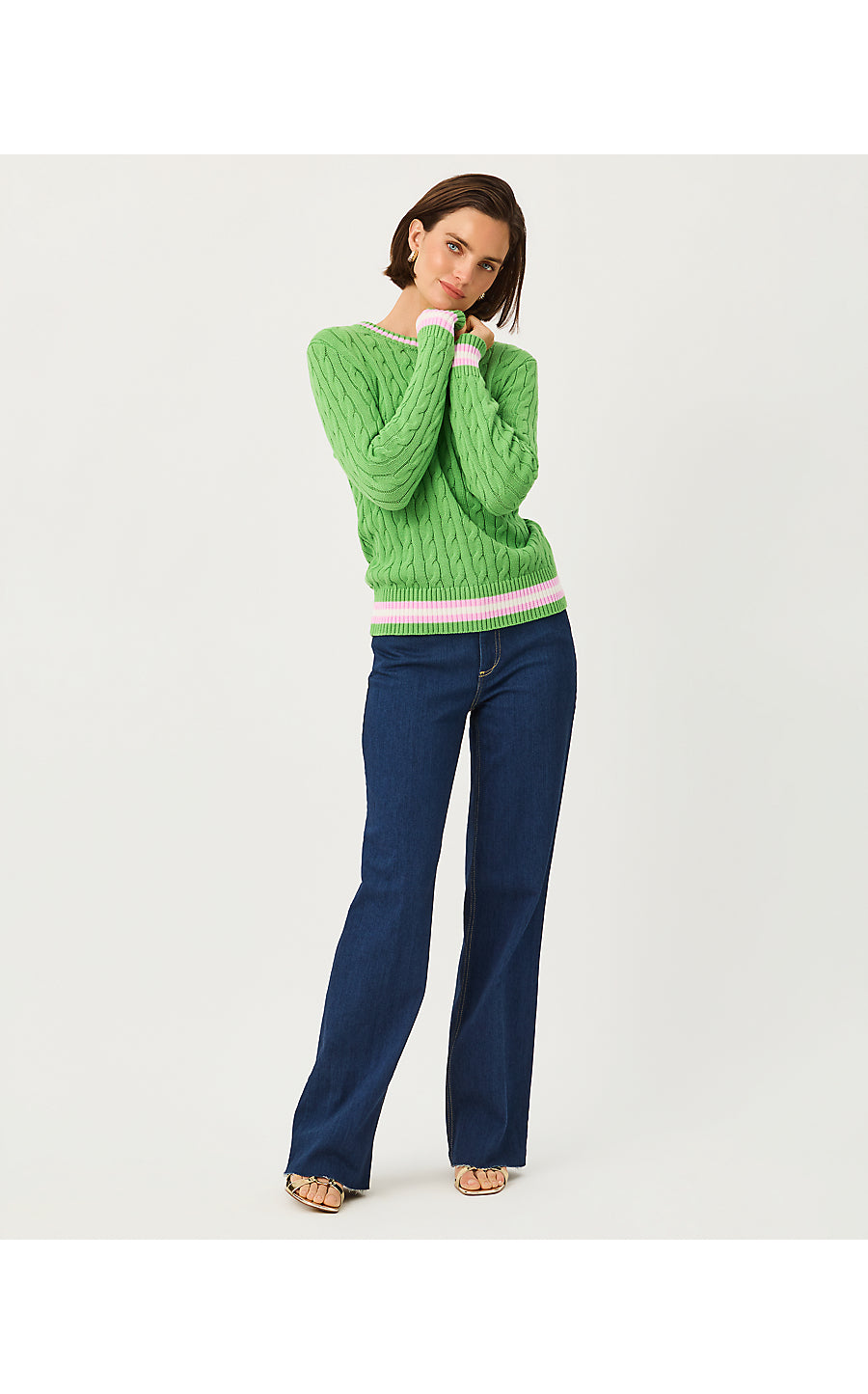 BROCKTON CREW NECK SWEATER, CHATEAU GREEN X OLEANDER PINK TIPPING