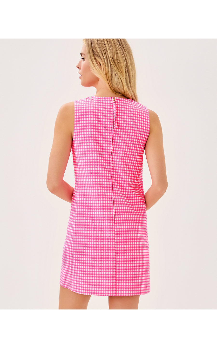 EDITA STRETCH SHIFT, SUNKISSED PINK GINGHAM STRETCH JACQUARD