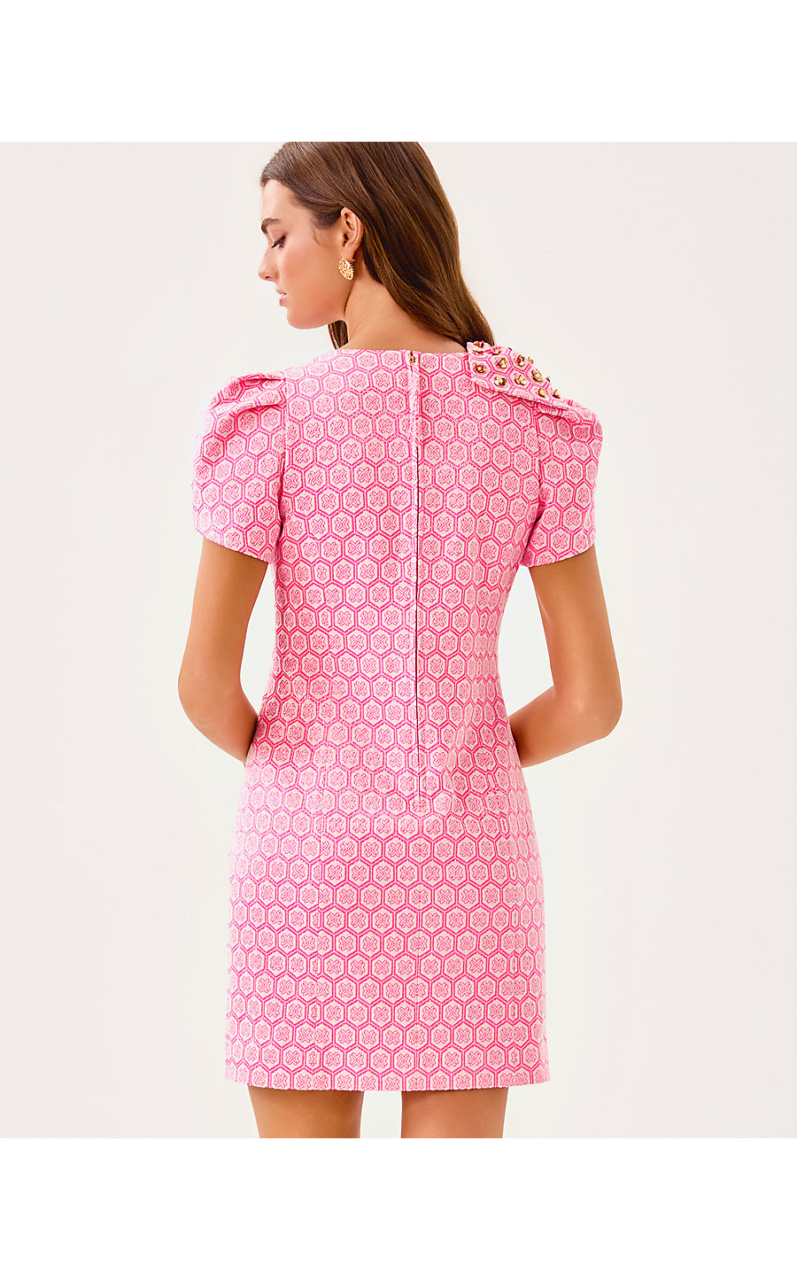 CARTWRIGHT SHIFT, ROUSSEAU PINK BUTTERFLY BRANDMARK JACQUARD