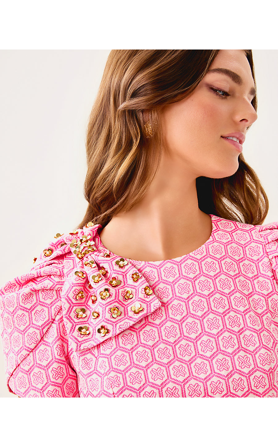 CARTWRIGHT SHIFT, ROUSSEAU PINK BUTTERFLY BRANDMARK JACQUARD