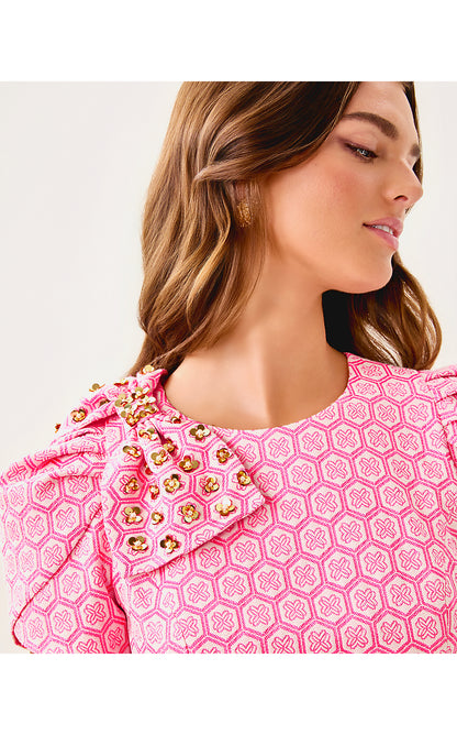 CARTWRIGHT SHIFT, ROUSSEAU PINK BUTTERFLY BRANDMARK JACQUARD