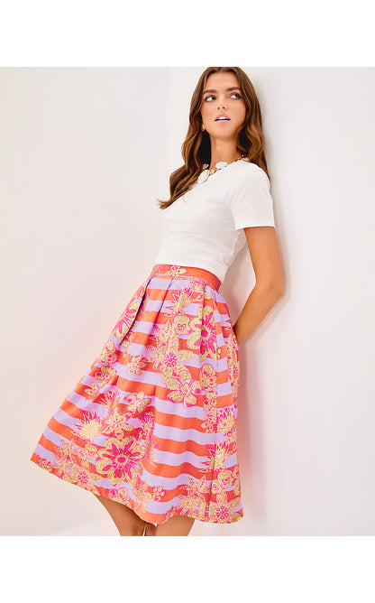 LAUDERDALE MIDI SKIRT, PAPAYA METALLIC FLORAL STRIPE JACQUARD