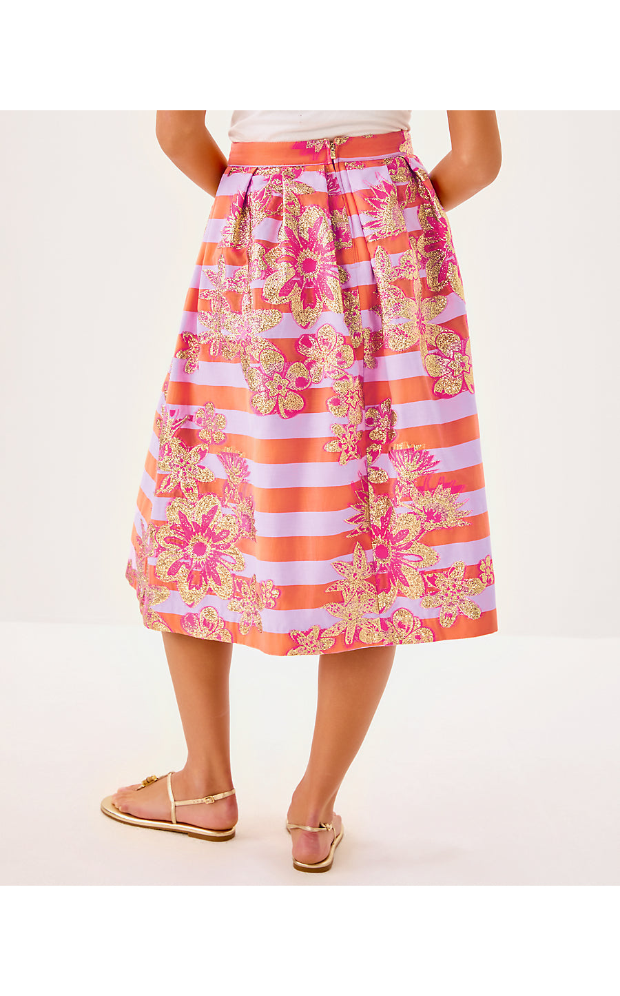 LAUDERDALE MIDI SKIRT, PAPAYA METALLIC FLORAL STRIPE JACQUARD