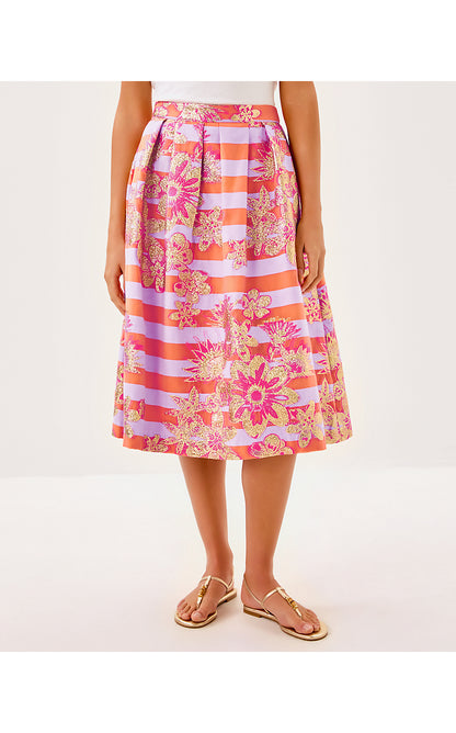 LAUDERDALE MIDI SKIRT, PAPAYA METALLIC FLORAL STRIPE JACQUARD