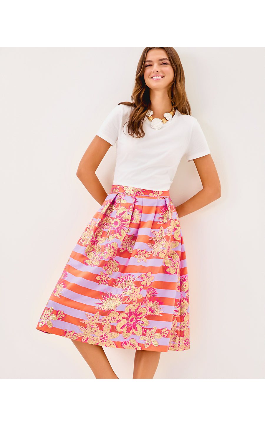 LAUDERDALE MIDI SKIRT, PAPAYA METALLIC FLORAL STRIPE JACQUARD