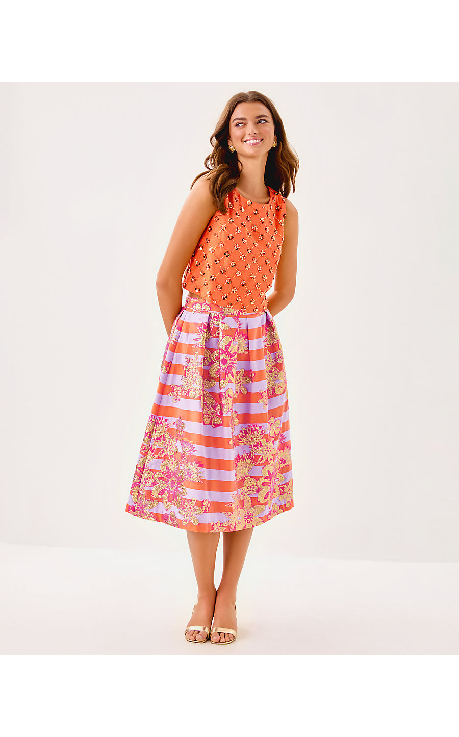 LAUDERDALE MIDI SKIRT, PAPAYA METALLIC FLORAL STRIPE JACQUARD