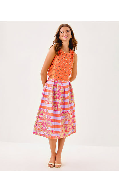 LAUDERDALE MIDI SKIRT, PAPAYA METALLIC FLORAL STRIPE JACQUARD