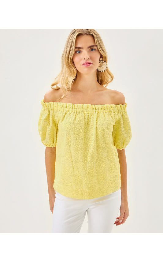 KATARA OFF THE SHOULDER TOP, LIMONCELLO BUBBLE EMBROIDERY