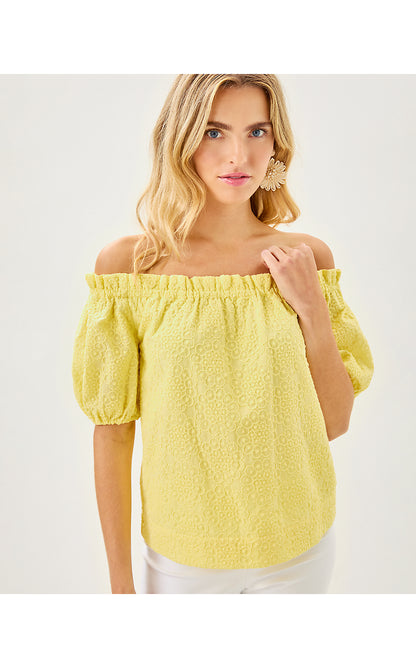 KATARA OFF THE SHOULDER TOP, LIMONCELLO BUBBLE EMBROIDERY