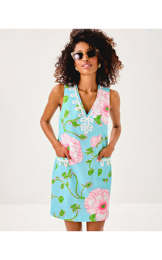 SIDONIE STRETCH SHIFT, FRESH WATER BLUE BURSTING BLOOMS ENGINEERED SHIFT