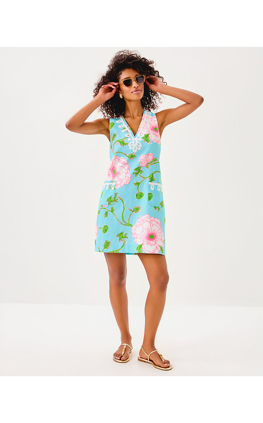 SIDONIE STRETCH SHIFT, FRESH WATER BLUE BURSTING BLOOMS ENGINEERED SHIFT