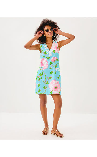 SIDONIE STRETCH SHIFT, FRESH WATER BLUE BURSTING BLOOMS ENGINEERED SHIFT
