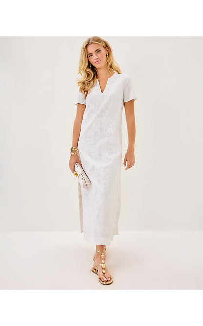 ARIELLA LINEN MAXI DRESS, RESORT WHITE CATCHIN RAYS OVERPRINT