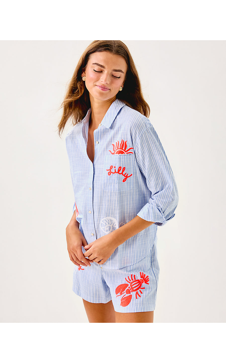 BONDI BUTTON DOWN, JACARANDA BLUE BEACH DAY EMBROIDERED SEACRET STRIPE
