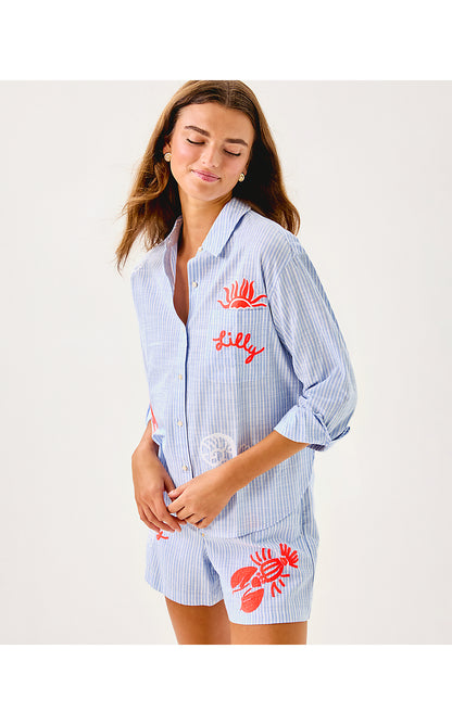 BONDI BUTTON DOWN, JACARANDA BLUE BEACH DAY EMBROIDERED SEACRET STRIPE