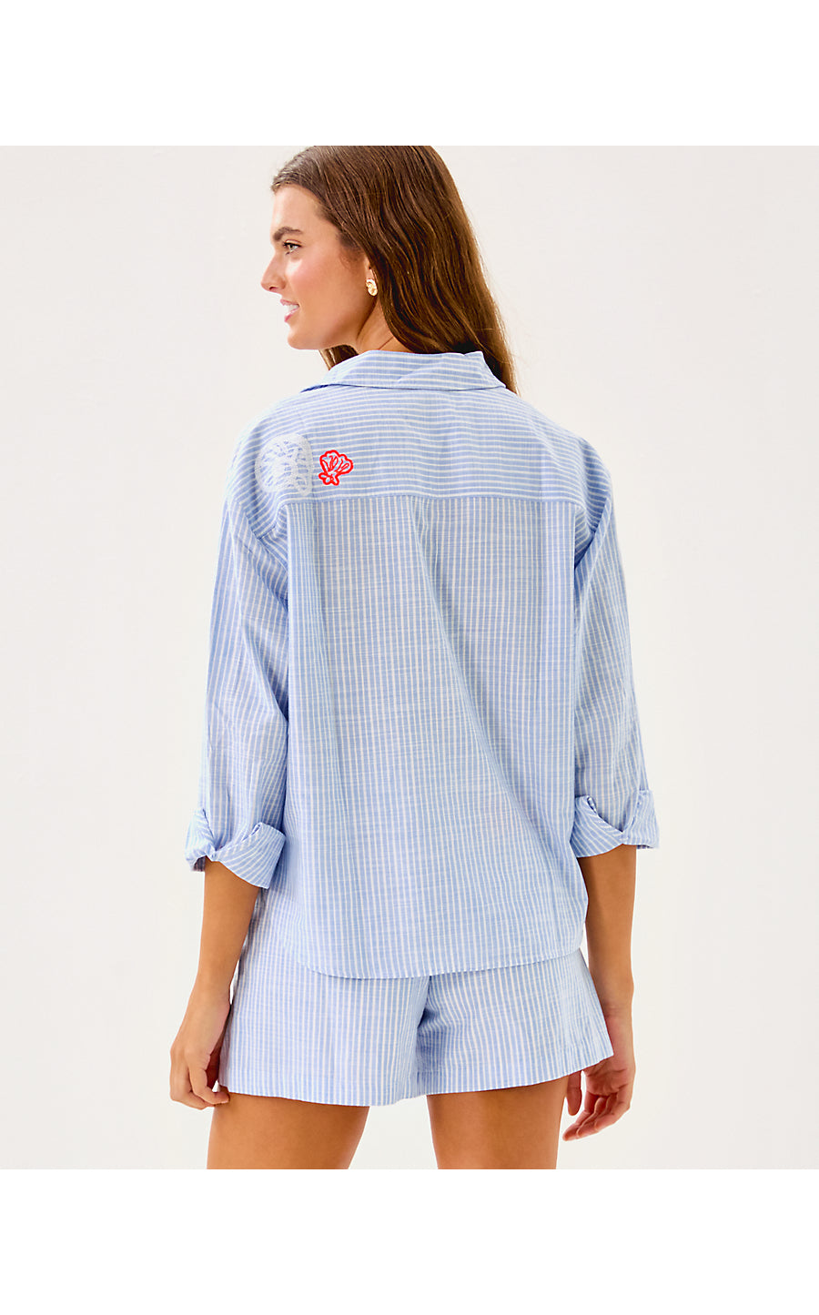BONDI BUTTON DOWN, JACARANDA BLUE BEACH DAY EMBROIDERED SEACRET STRIPE