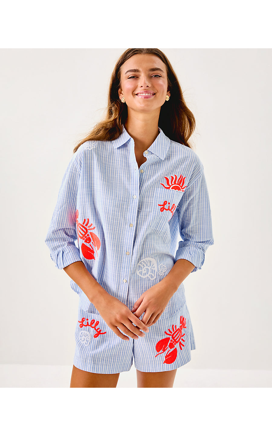 BONDI BUTTON DOWN, JACARANDA BLUE BEACH DAY EMBROIDERED SEACRET STRIPE