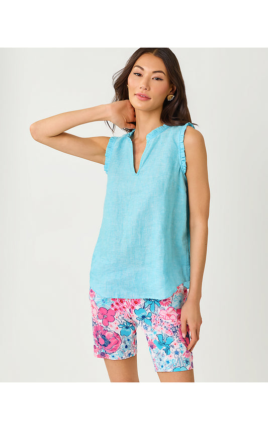 KAVALLA SLEEVELESS RUFFLE TOP, CAPRI BLUE X RESORT WHITE
