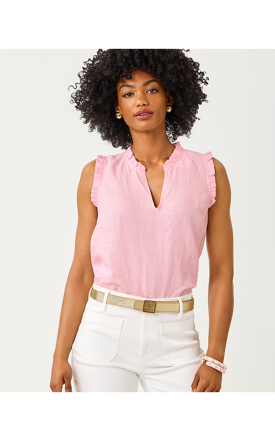 KAVALLA SLEEVELESS RUFFLE TOP, CONCH SHELL PINK X RESORT WHITE