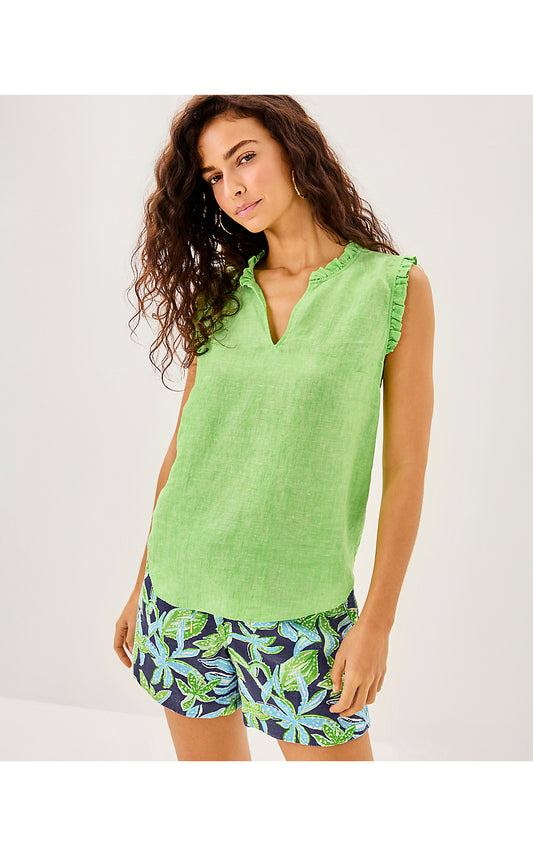 KAVALLA SLEEVELESS RUFFLE TOP, CROCODILE GREEN X RESORT WHITE
