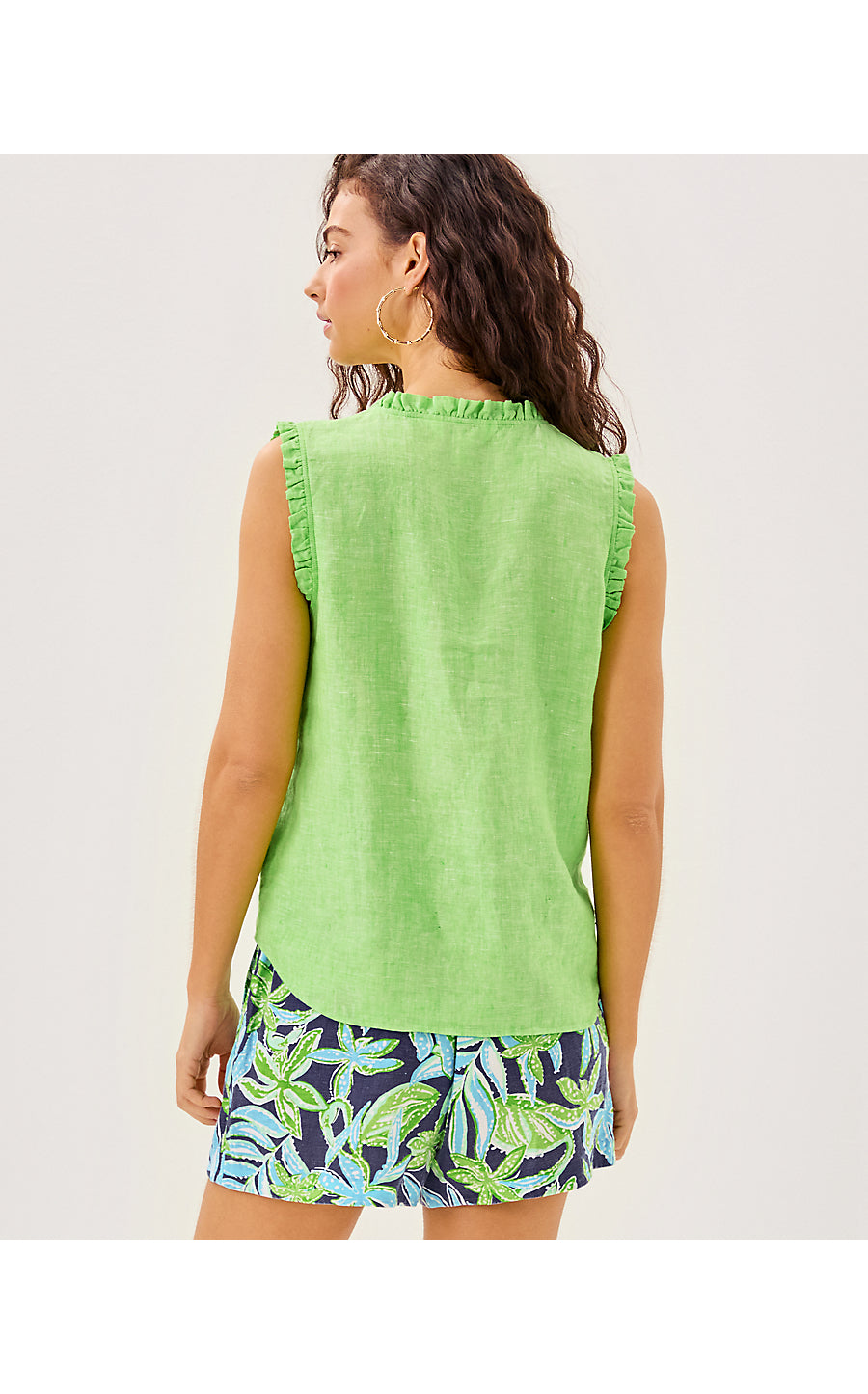 KAVALLA SLEEVELESS RUFFLE TOP, CROCODILE GREEN X RESORT WHITE