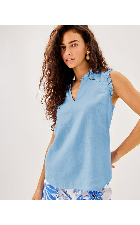 KAVALLA SLEEVELESS RUFFLE TOP, JACARANDA BLUE