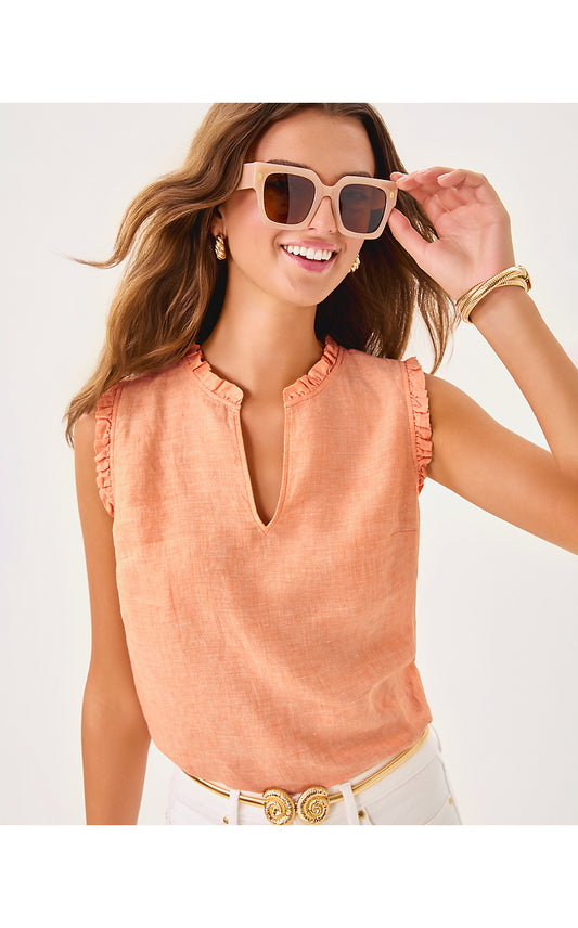 KAVALLA SLEEVELESS RUFFLE TOP, PAPAYA X RESORT WHITE