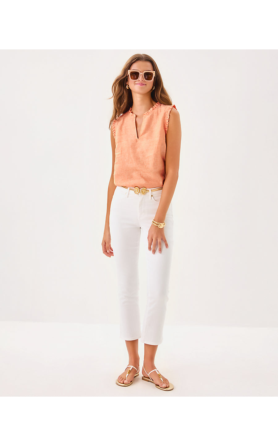 KAVALLA SLEEVELESS RUFFLE TOP, PAPAYA X RESORT WHITE