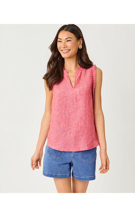 KAVALLA SLEEVELESS RUFFLE TOP, PARADISE PUNCH X RESORT WHITE
