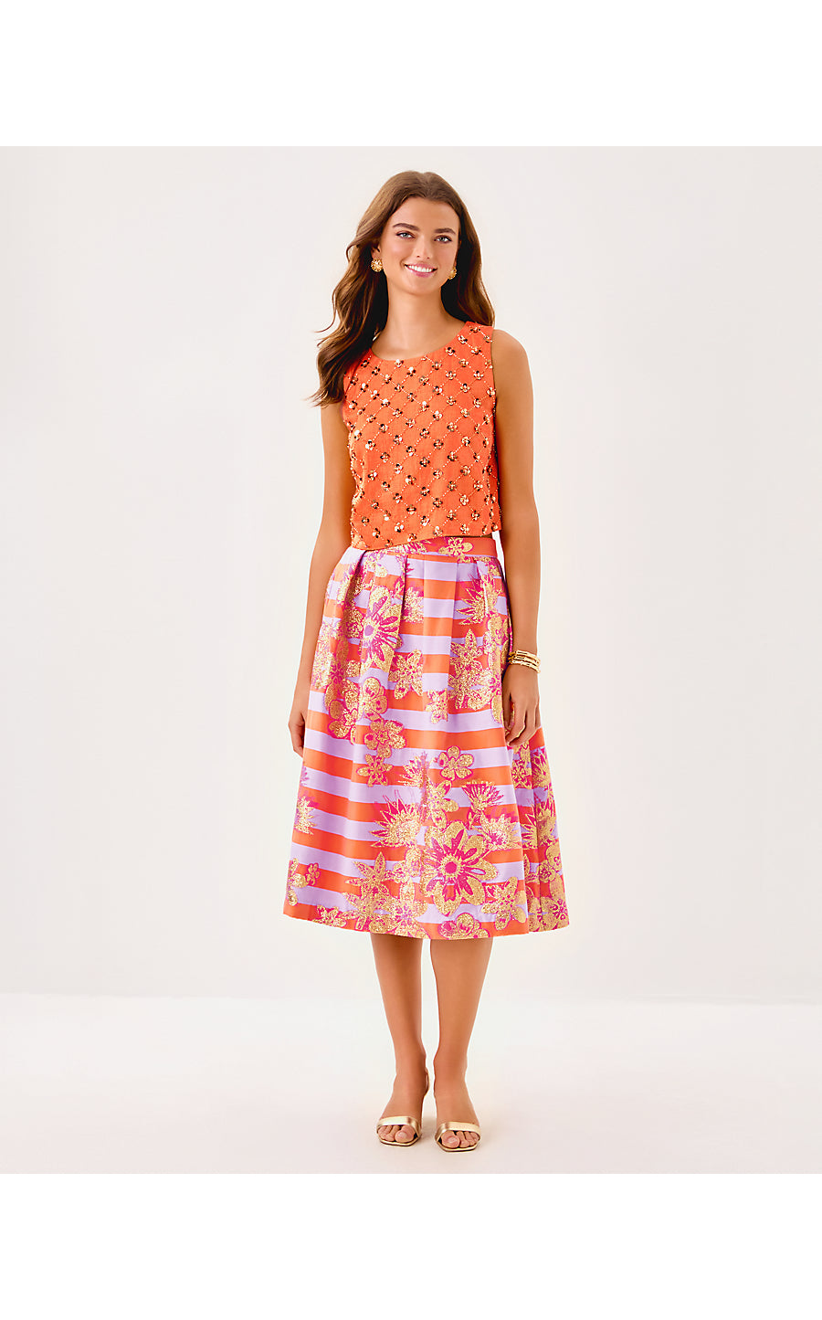 LATHAN SLEEVELESS CROPPED TOP, PAPAYA BEADED SEQUIN EMBELLISHED SEQUIN BLEND