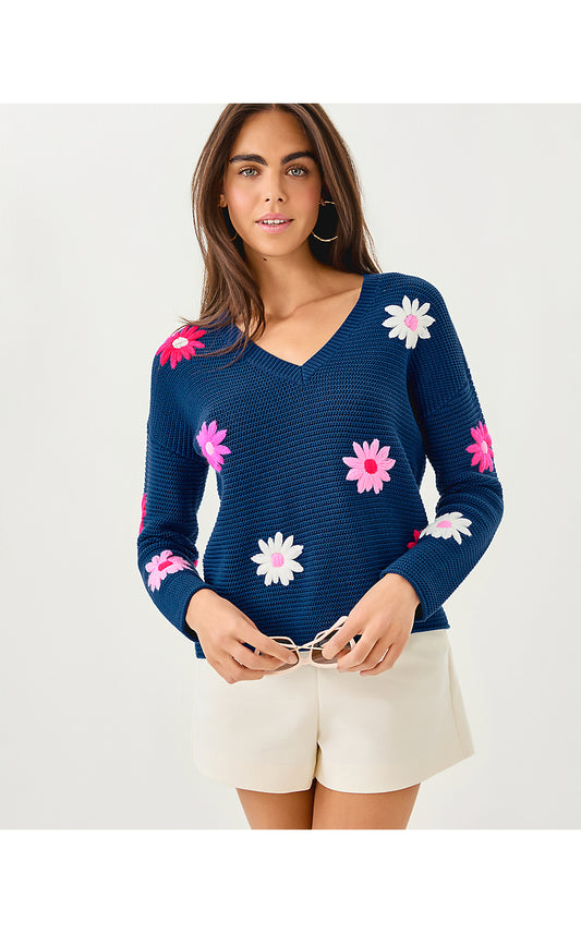 TENSLEY SWEATER, STARLIGHT NAVY GARDEN OASIS EMBROIDERY